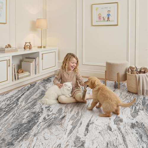 9x12 Taupe Washable Area Rug - Modern Abstract Non-Slip Carpet for Living Room & Bedroom