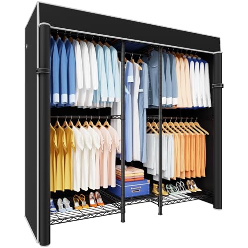 Ulif E12C Heavy Duty Black Closet Organizer with Cover - Freestanding Garment Rack, Adjustable, 860 lbs Capacity