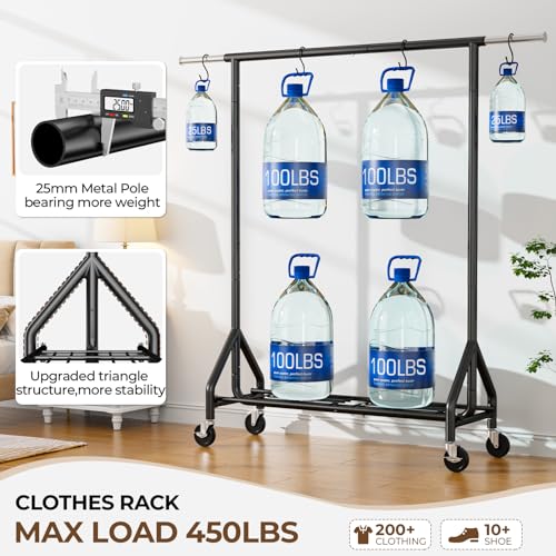 Heavy Duty Clothes Rack with Wheels - Black Garment Rack, 450 lbs Capacity, Portable Closet Organizer