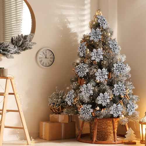 5.7 Inch Artificial Poinsettias Christmas Glitter Flowers with Clips Xmas Tree Flower Ornament Poinsettias Decor (Black and White Buffalo with Silver Petals,12 Pieces)
