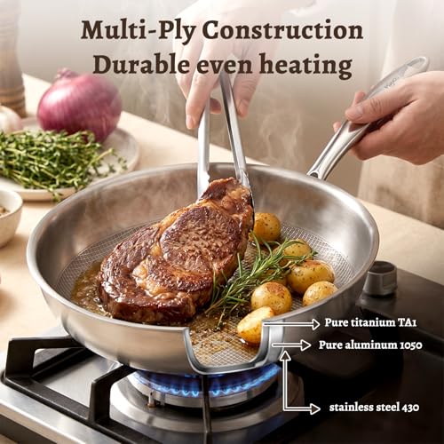 10 Inch Titanium Frying Pan with Lid - Family Size, Non-Toxic & Lightweight