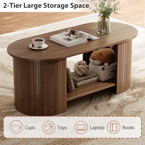Walnut 42-Inch Oval Fluted Coffee Table with Two-Tier Storage - Mid-Century Modern Wood