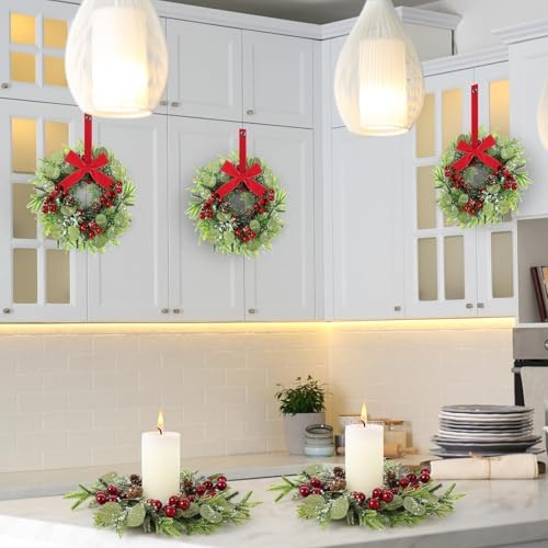 8 Pcs Mini Christmas Candle Ring Set for Cabinet - Artificial Wreaths with Berries & Pinecones (YLOLUL)