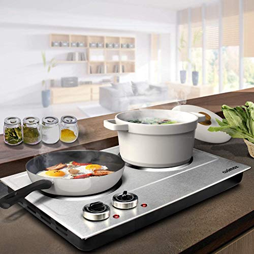 CUSIMAX Double 1800W Electric Hot Plate - Silver Cooktop with Independent Controls