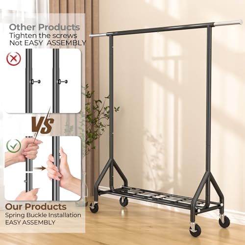 Heavy Duty Clothes Rack with Wheels - Black Garment Rack, 450 lbs Capacity, Portable Closet Organizer