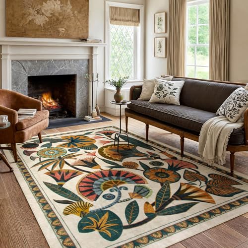 Egyptian Floral Washable Area Rug - Beige 5x7 Boho Vintage Non Slip Carpet