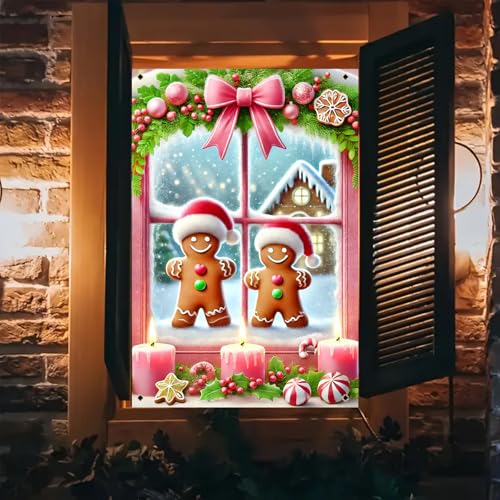 Christmas Window Cover 31x47 Inch Gingerbread Couple Window Decoration with Pink Bow and Scene Holiday Window Banner for Kids Christmas Decor