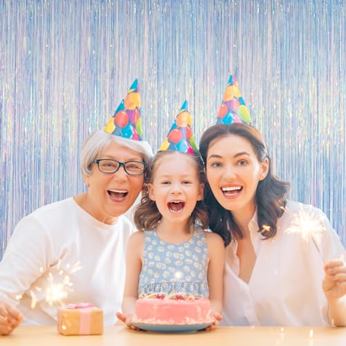 Melsan Iridescent Foil Fringe Backdrops Party Decorations - 3.2 x 6.5 ft Metallic Tinsel Photo Backdrop Curtains for Mermaid Unicorn Birthdays Parties - Iridescent 2 Packs