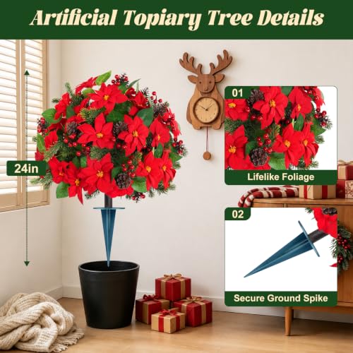 Yangrass 2PCS Poinsettia Topiary Trees with Spike - Christmas Decor