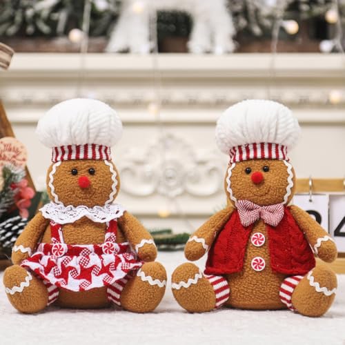Adorable Christmas Gingerbread Man Plush Toy-9.4in Gingerbread Shape Stuffed Animal,Gingerbread Plush Doll for Christmas Tree Topper Xmas Party Decor (boy+Girl)