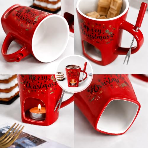 Umcnoi Red Chocolate Fondue Mug Set - Ceramic Fondue Cup, Tea Light Warmer