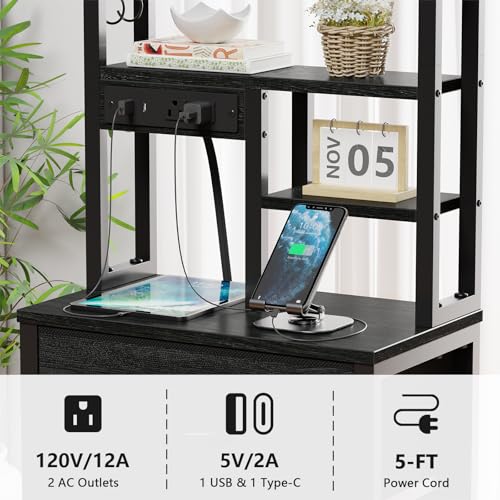 Furnulem Tall Nightstand with LED Lights, Charging Station & 4 Drawers - Black Oak, Variation 1
