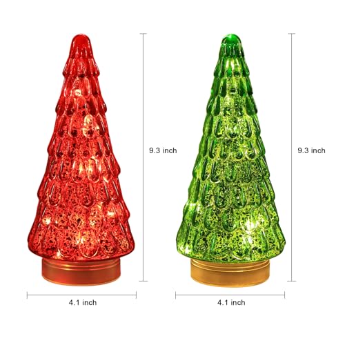 PHITRIC Red & Green Glass Christmas Trees with LED Timer - Indoor Holiday Decor, 2 pcs