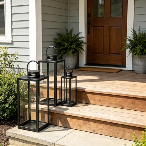 Square Black Decorative Metal Candle Lanterns Set Hanging & Tabletop for Indoor Outdoor