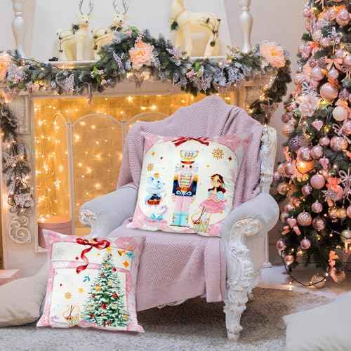 Mocsicka Merry Christmas Nutcracker Pillow Covers 18¡¿18 Inch, Pink Nutcracker Throw Pillow Covers Winter Christmas Holiday Cushion Case for Sofa Couch Bed Home Decorations Set of 4