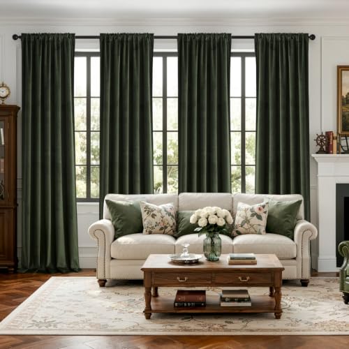 Olive Green Velvet Curtains Set of 4 Panels 40x96 Inch - Back Tab & Rod Pocket