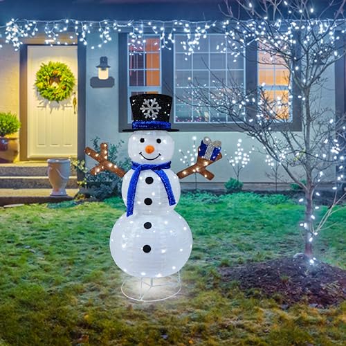 Meetjoyancy Blue White Lighted Snowman Outdoor Christmas Decor Collapsible Yard Inflatable with Gift Box