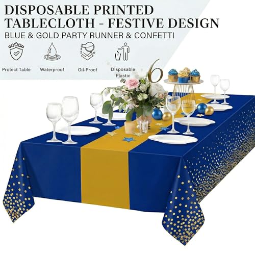 Idrese 8-Pack Tablecloths + 2 Blue Gold Satin Runners Set - 54x108in Plastic Table Cover