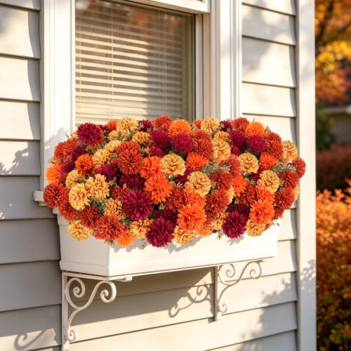 Artificial Fall Flowers 12 Pcs Burgundy Orange Caramel & Yellow Chrysanthemums Outdoor Decor
