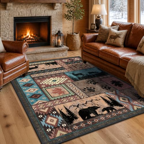 Brown 5x7 Rustic Cabin Area Rug - Washable Southwestern Wildlife Carpet