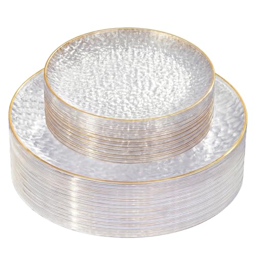 Clear Disposable Plates with Gold Rim - Heavy Duty Party Plates, Hammered Design, 60 Pieces - Variation: Clear Gold