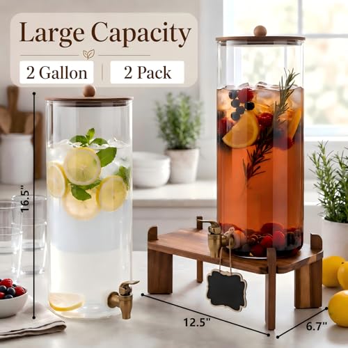 2 Gallon Glass Drink Dispenser Set with Spigot & Acacia Wood Stand - Double Pack