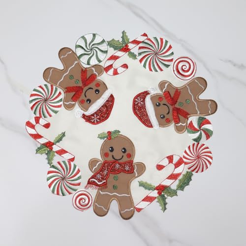 Gingerbread Placemats Set of 4 15in Round Embroidered Christmas Runners - Tenerdy