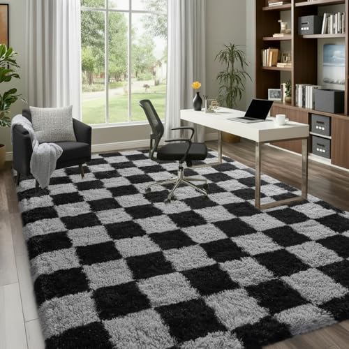 Rezutan Black Grey Checkered 8x10 Feet Soft Plush Shag Rug for Bedroom & Living Room