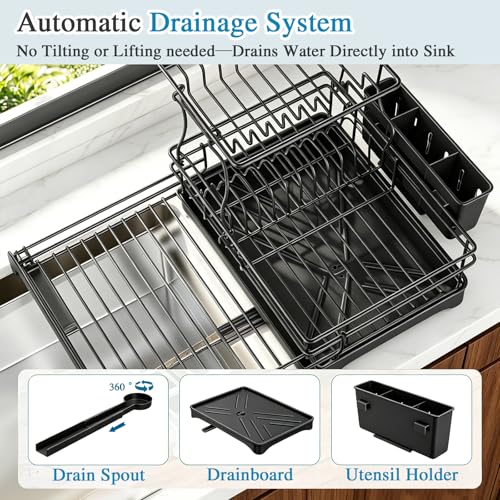 Black Double-Tier Extendable Dish Drying Rack with Drainboard & Utensil Holder