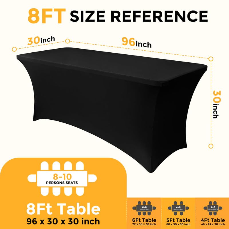 Lemict 8FT Black Spandex Tablecloth 10 Pack Fitted Cover for Banquet & Event Tables