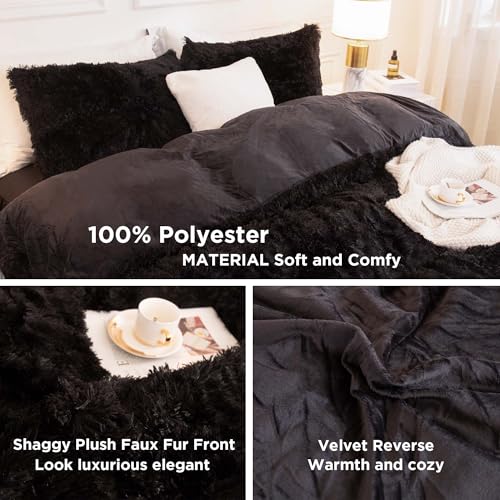 Andency King Size Faux Fur Comforter Set Black 104x90 with Pillow Shams - Fluffy Warm Bedding