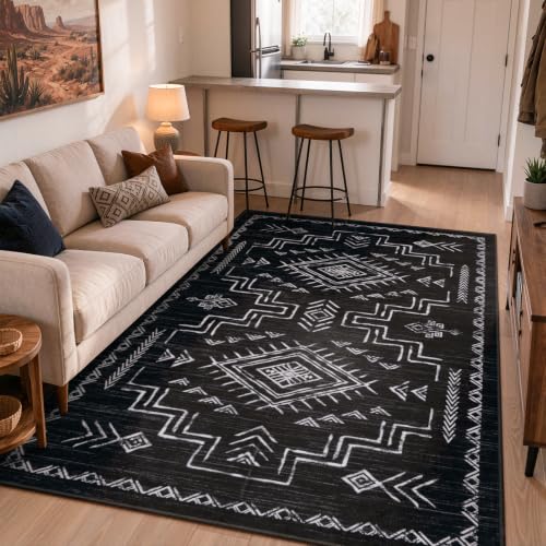 8x10 Washable Western Area Rug - Black & White Tribal Design - STARUIA, Living Room & Bedroom Decor