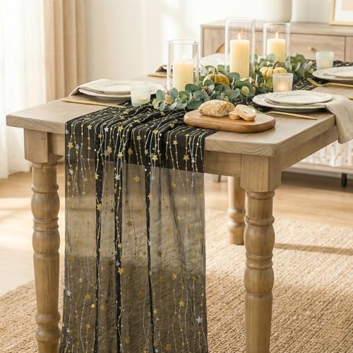 Artoid Mode 28x120 Inch 6pc Black Gold Glitter Gauze Table Runner Set
