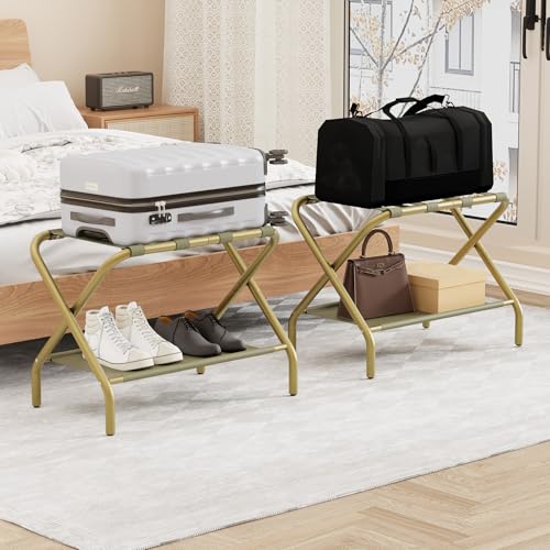 Gold Luggage Rack Set of 2 Foldable Suitcase Stands with Fabric Shelf for Hotel & Bedroom