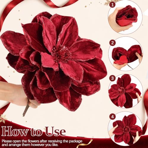 8PCS Burgundy Christmas Magnolia Flowers - Large 12-Inch Holiday Tree Decor