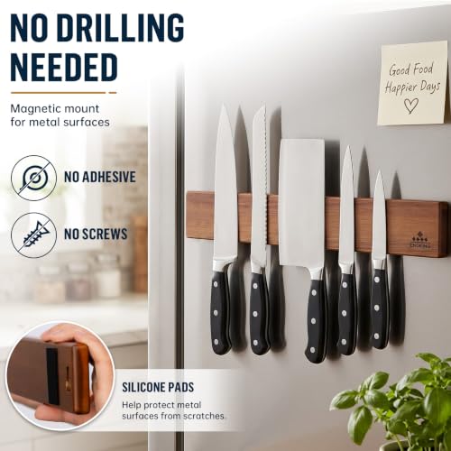Brown 16-Inch Acacia Wood Magnetic Knife Holder with 4 Hooks - Wall Mount