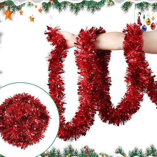 33Ft Red Christmas Tinsel Garland,Shiny Metallic Tinsel Twist Hanging Garland for Xmas Tree Wedding Home and Party Decoration