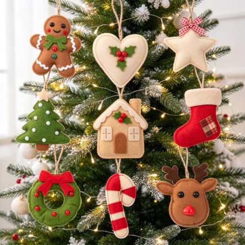9 Pcs Handmade Reusable Felt Christmas Ornaments - Includes Gingerbread Man, Holly Heart & More (Variation: Handmade Felt Ornaments)