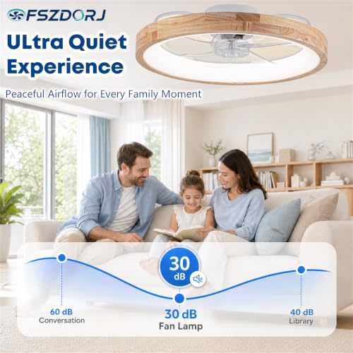 20-Inch Wooden Low Profile Ceiling Fan with Light and Remote - Dimmable & Reversible