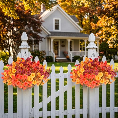 Artificial Fall Hanging Basket Set with 24 Petunias - Orange, Outdoor Decor