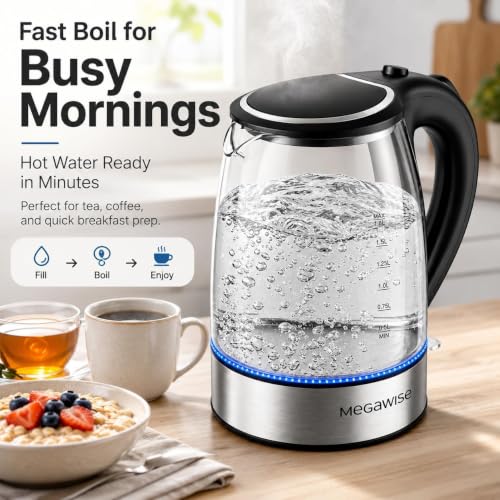 MEGAWISE 1.8L Glass Electric Kettle with Auto Shut-Off & Boil-Dry Protection – Clear Water Level View, 1-Glass Kettle