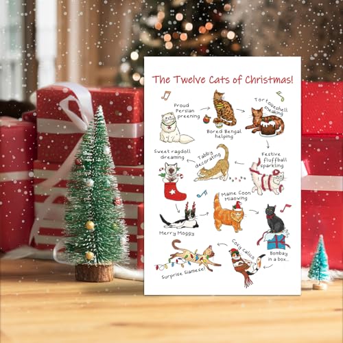 Ogeby Twelve Cats Christmas Card with Envelopes, Funny Holiday Gift for Cat Lovers, Multi-Color