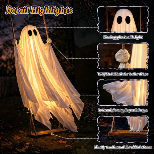 FlyQintess 4.3FT Hanging Ghost Halloween Decor with LED Lights, Outdoor Spooky Ghost for Yard & Porch