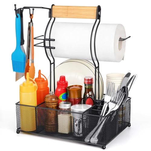 FANGSUN Grill Caddy with Paper Towel Holder - Black Outdoor BBQ Organizer