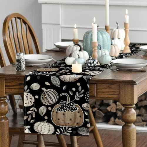 Artoid Mode Harvest Pumpkin Darkness Floral 210 GSM Fall Table Runner, Seasonal Autumn Kitchen Dining Table Decoration for Home Party Decor 13x120 Inch