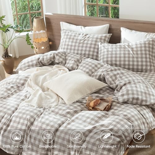 Buffalo Plaid Tannish Linen Grey Gingham Duvet Cover Set Queen - MooMee
