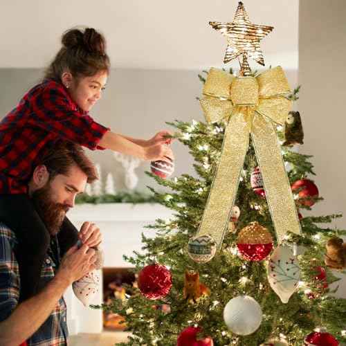 Glitter Christmas Bows Decor - 7.1x16.2 in Gold Bow Ornaments for Christmas Tree & Wreaths - Xmas Decorations for Home & Party