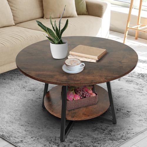 Rustic Brown 2-Tier Round Coffee Table with Storage - Modern Wooden Center Table for Living Room & Small Spaces