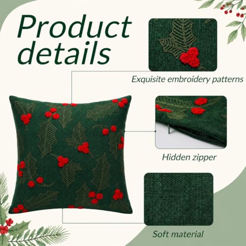 Peryiter 2 Pcs Christmas Throw Pillow Covers 18x18, Holly Berry