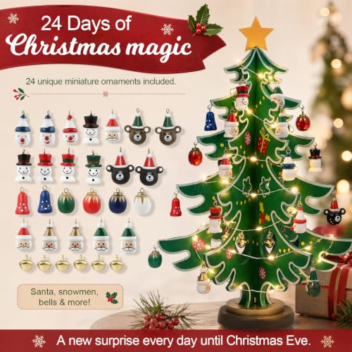 LIHAO 2026 Wooden Advent Calendar Tree with 24 Mini Ornaments & Warm LED Lights (Tree Shape, With String Lights)